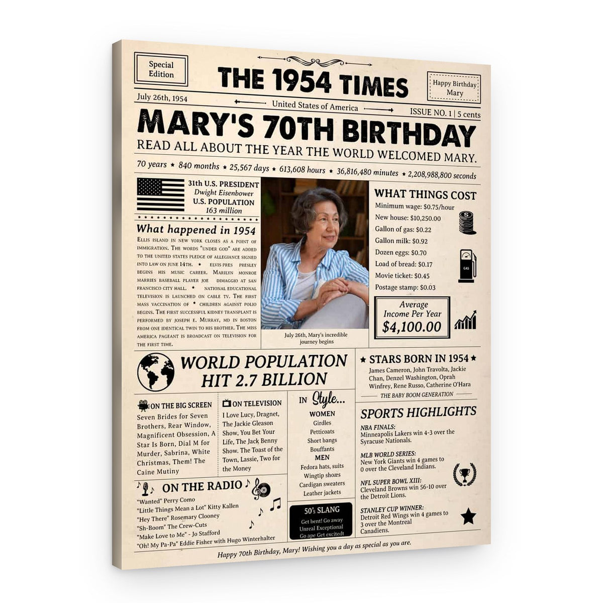 70th Birthday Gift: 1954 Birthday Newspaper Canvas – Canvas Print