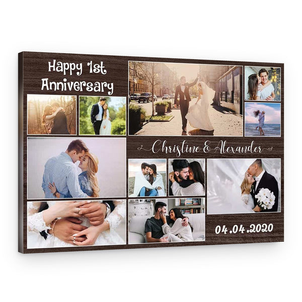Happy First Anniversary Heart Shaped Photo Collage Canvas
