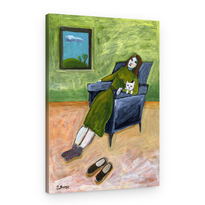Pensive Woman with Cat – Canvas Print