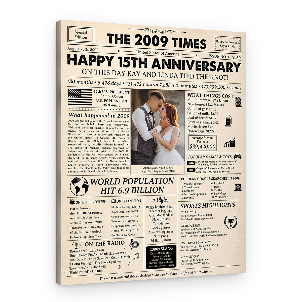 Happy 15th Wedding Anniversary Custom Photo Newspaper Canvas Print – Canvas Print