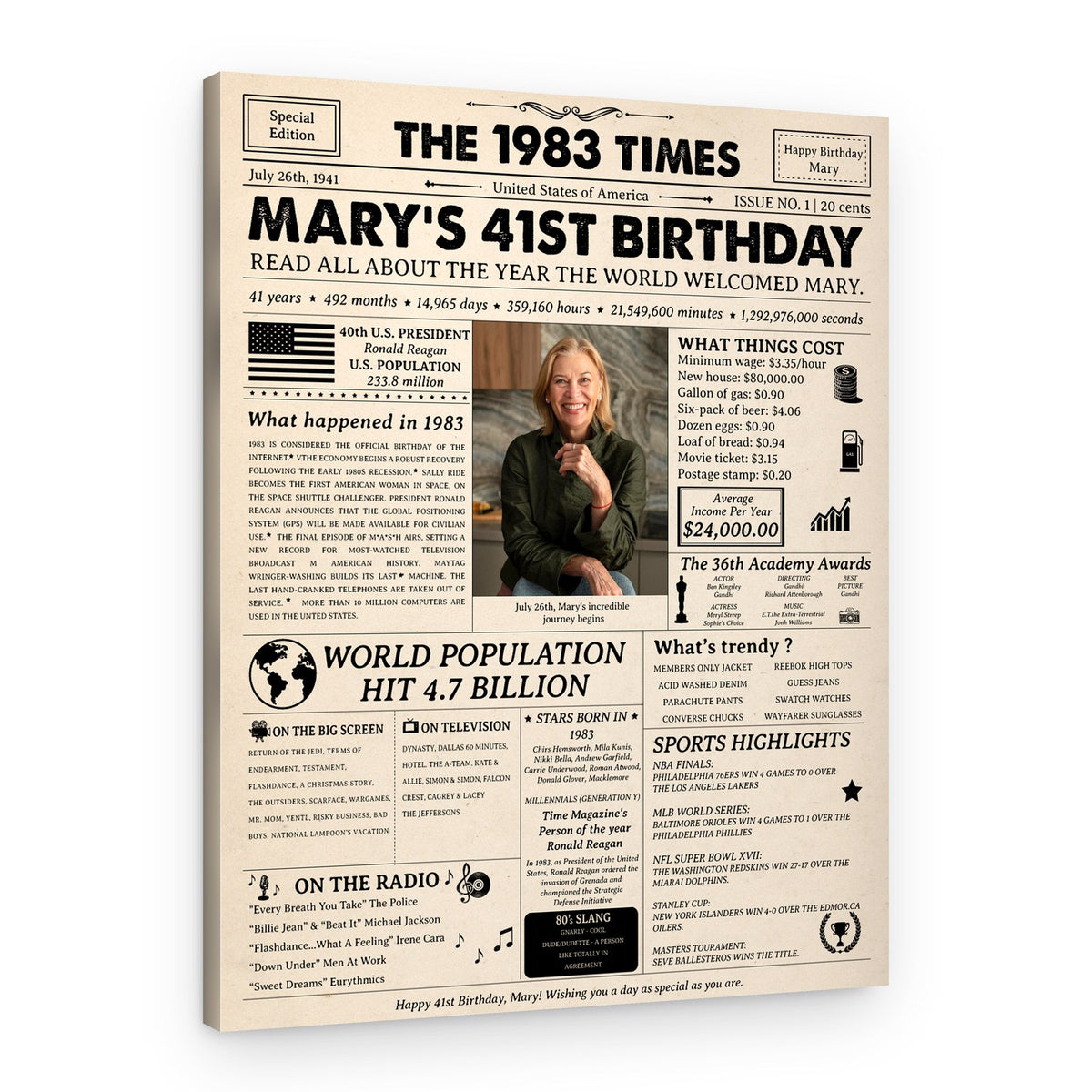 41st Birthday Gift: 1983 Birthday Newspaper Canvas – Canvas Print