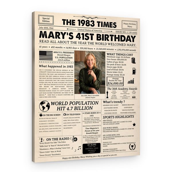 41st Birthday Gift: 1983 Birthday Newspaper Canvas