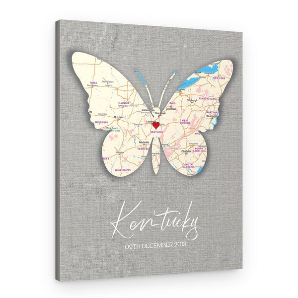 Butterfly Map (8th Anniversary) Custom Map Canvas Print