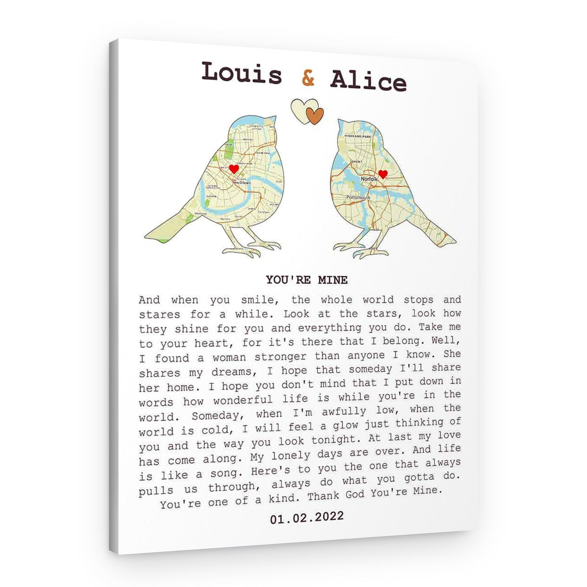 Song Lyrics and Love Birds Custom Map Canvas Print – Canvas Print