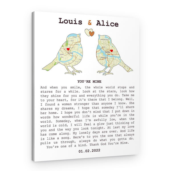 Song Lyrics and Love Birds Custom Map Canvas Print