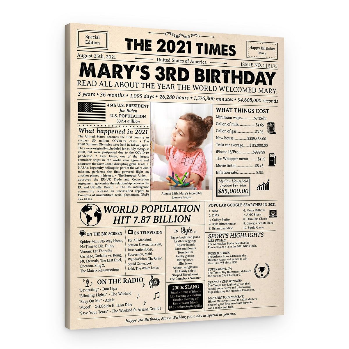 3rd Birthday Gift for Kid: 2021 Birthday Newspaper Canvas – Canvas Print