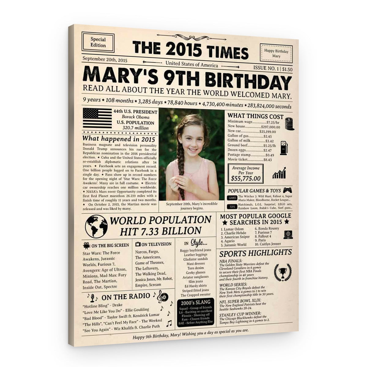 9th Birthday Gift for Kid: 2015 Birthday Newspaper Canvas – Canvas Print