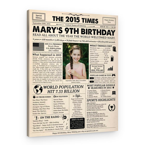 9th Birthday Gift for Kid: 2015 Birthday Newspaper Canvas