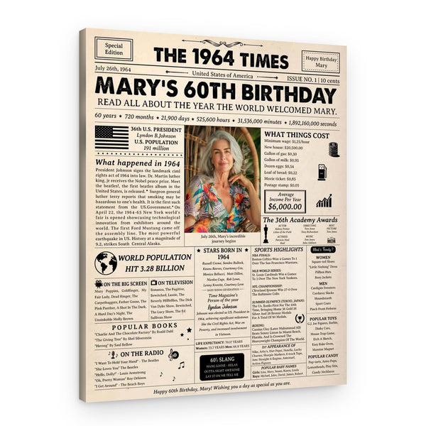 60th Birthday Gift: 1964 Birthday Newspaper Canvas