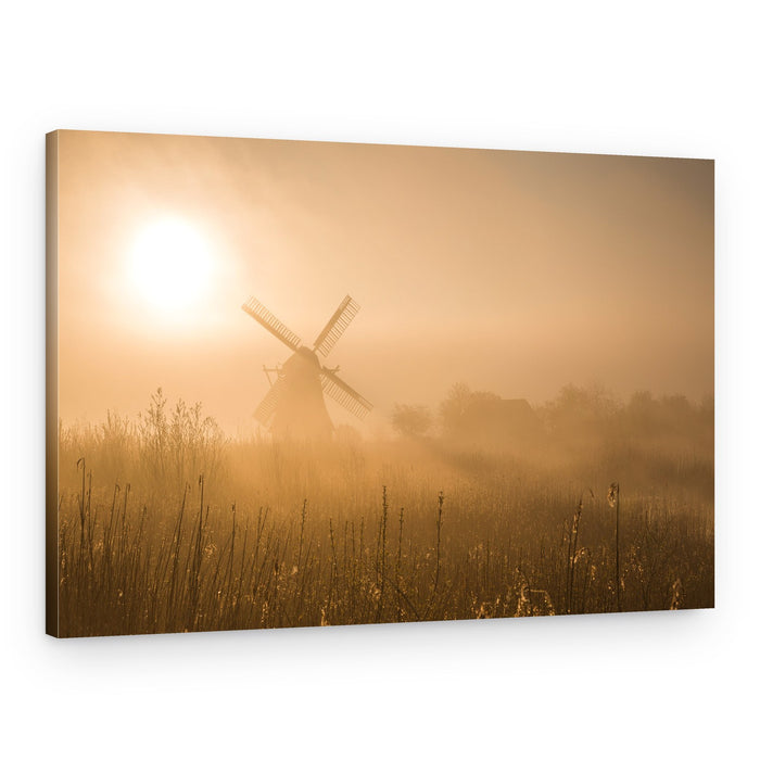 Misty Morning Windmill Glow – Canvas Print