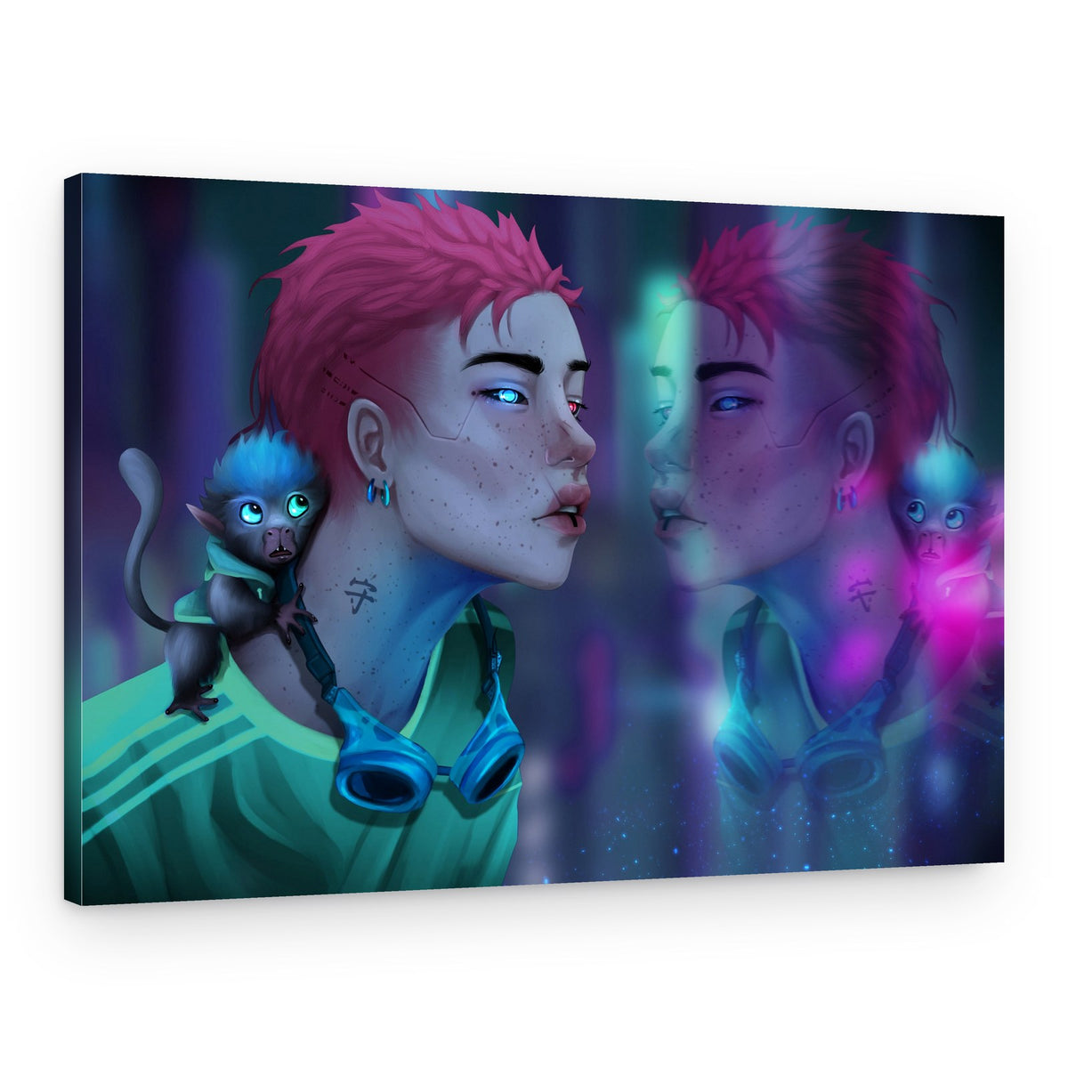 Pink Haired Cyberpunk Reflection – Canvas Print