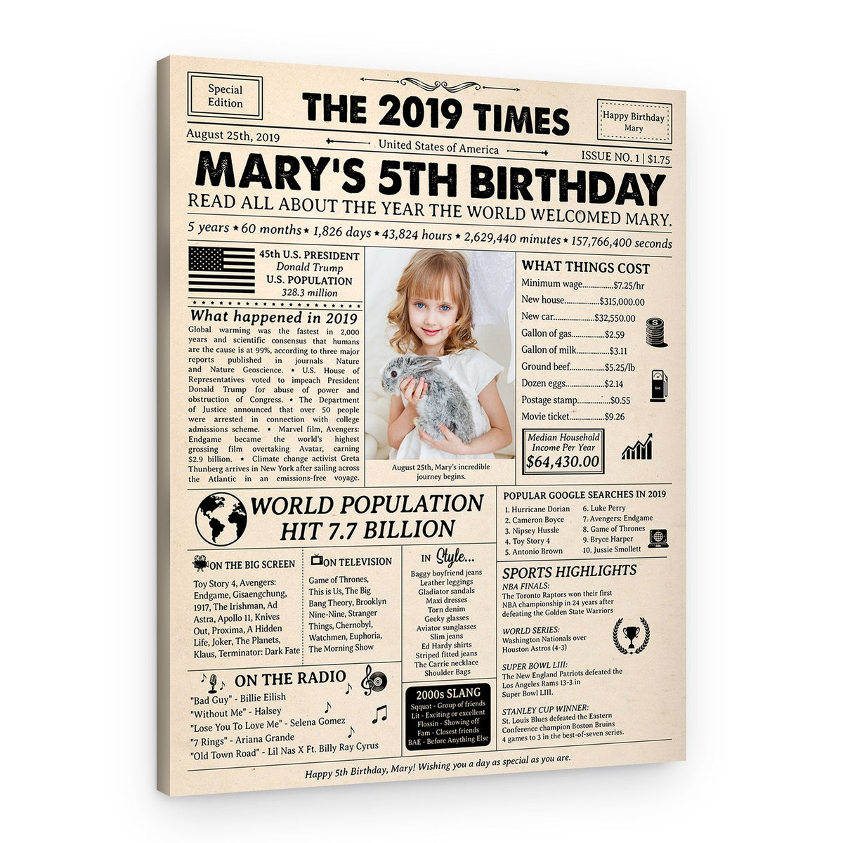 5th Birthday Gift for Kid: 2019 Birthday Newspaper Canvas – Canvas Print