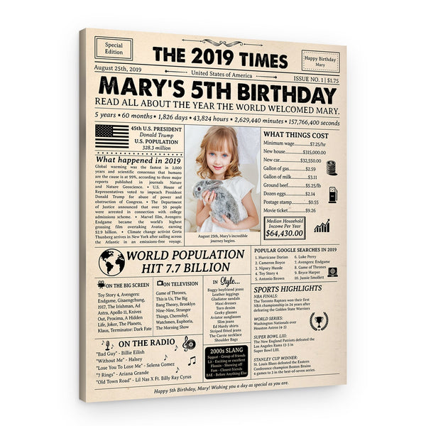 5th Birthday Gift for Kid: 2019 Birthday Newspaper Canvas