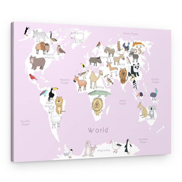 Cute Animal World Map – Canvas Print