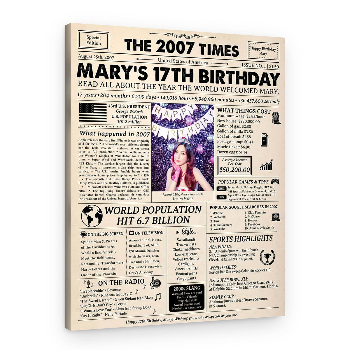 17th Birthday Gift: 2007 Birthday Newspaper Canvas – Canvas Print