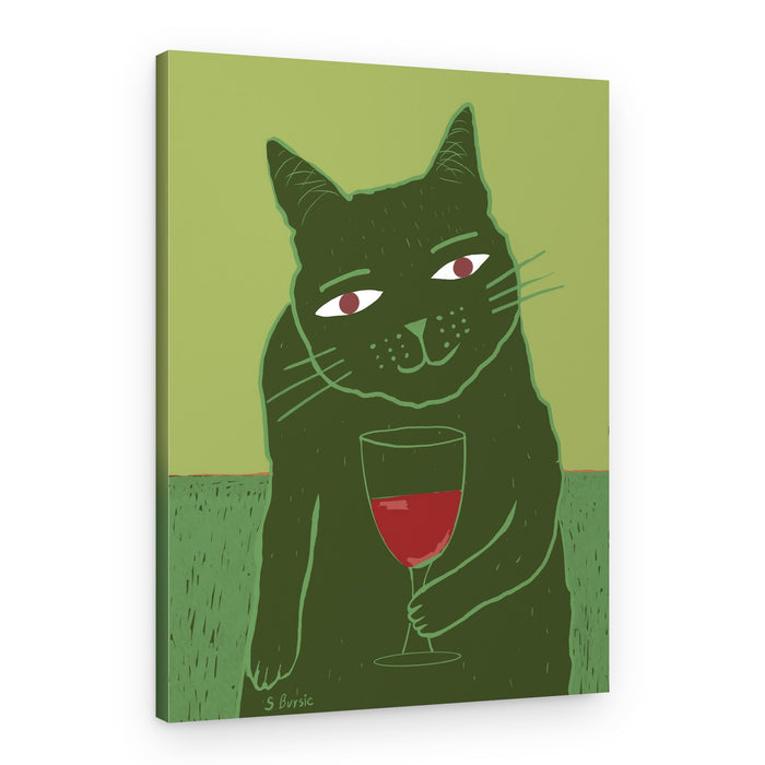 Whimsical Green Cat With Wine – Canvas Print