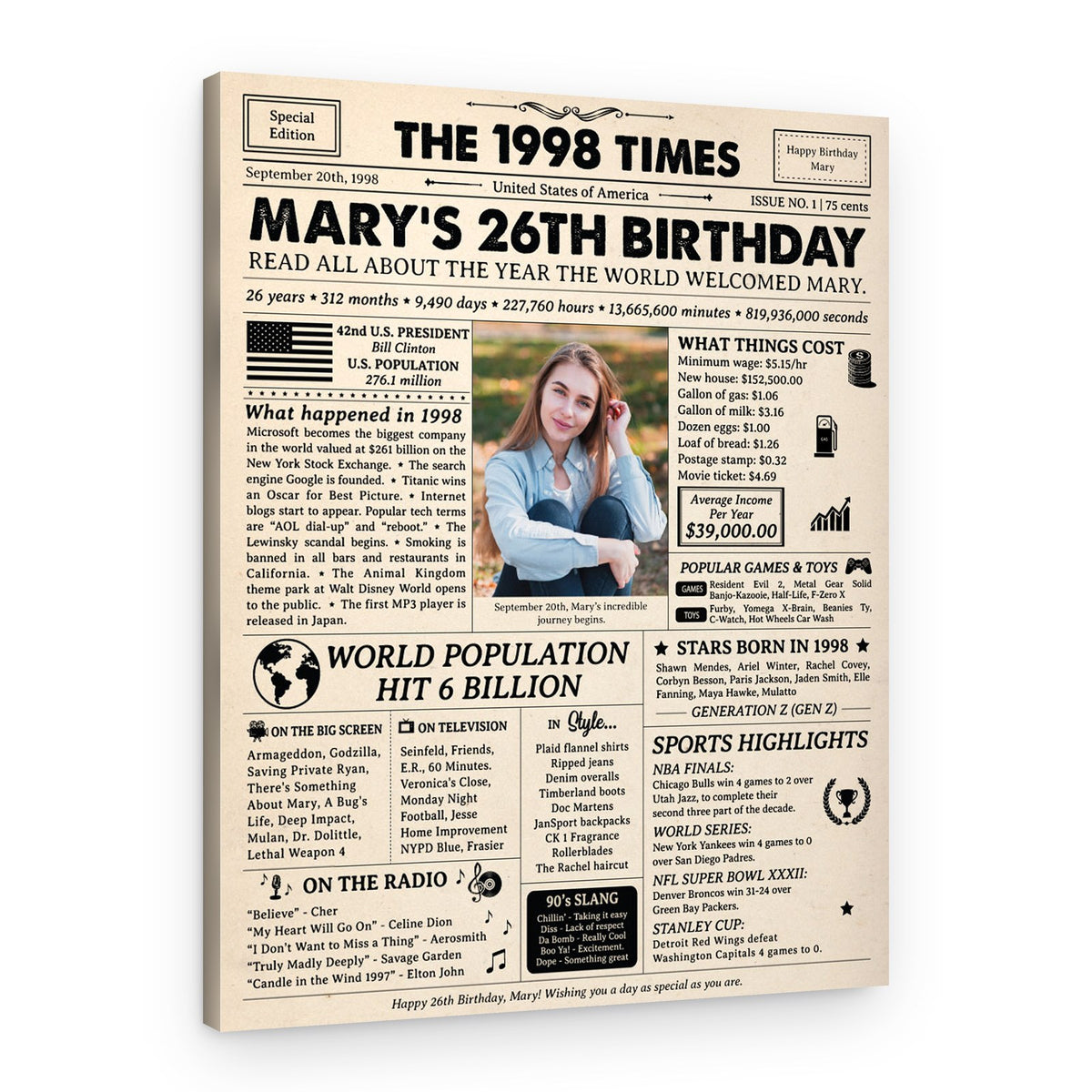 26th Birthday Gift: 1998 Birthday Newspaper Canvas – Canvas Print