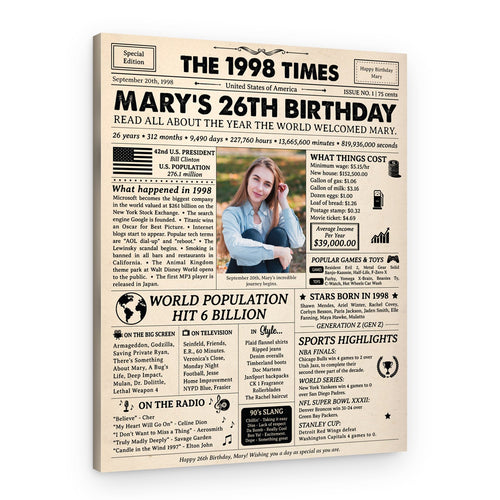 26th Birthday Gift: 1998 Birthday Newspaper Canvas – Canvas Print