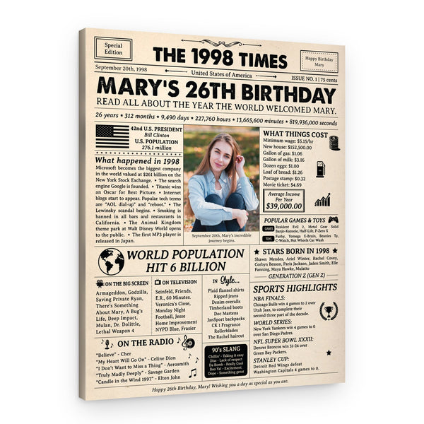 26th Birthday Gift: 1998 Birthday Newspaper Canvas