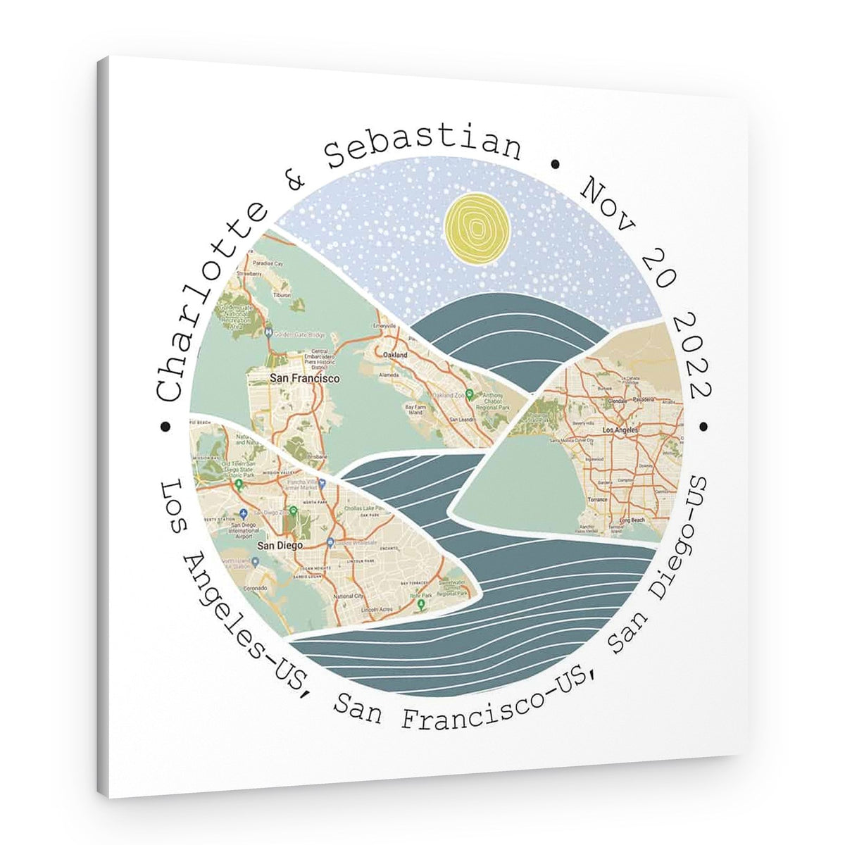 Personalized Journey River Map Canvas Print – Canvas Print – 3 Locations