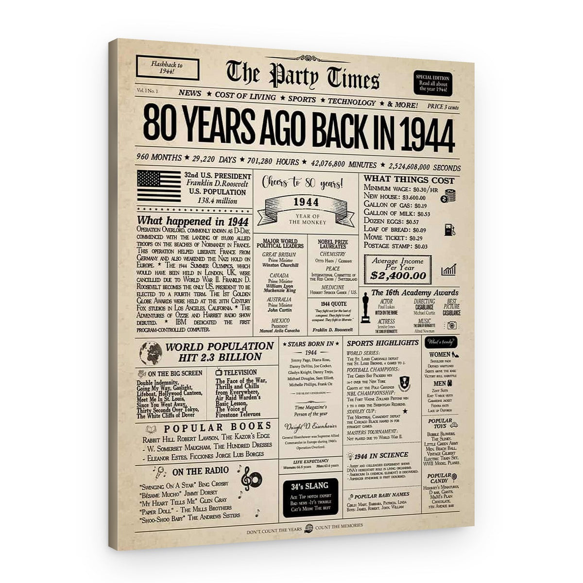 Back In 1944 80th Birthday Newspaper  Canvas Print – Canvas Print