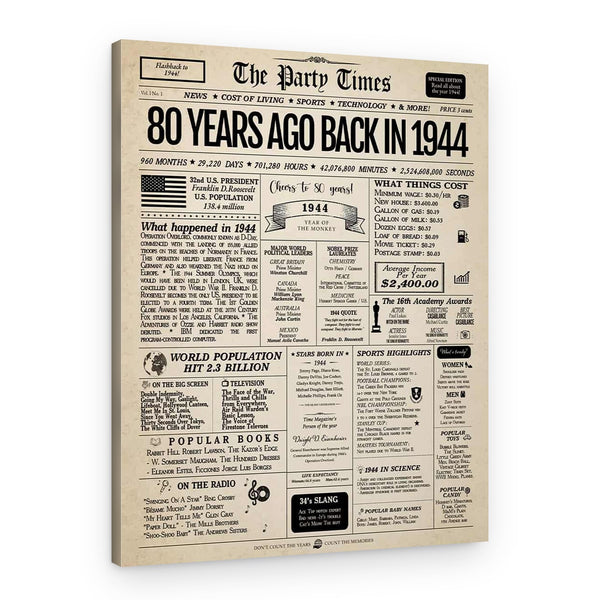 Back In 1944 80th Birthday Newspaper  Canvas Print