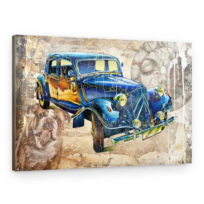 Vintage Blue Car Bulldog – Canvas Print