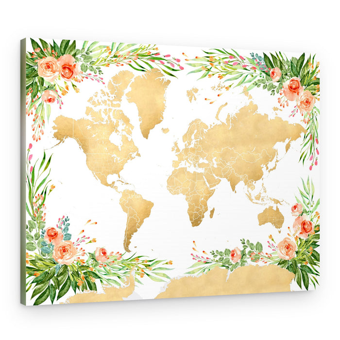 Golden Floral World Map – Canvas Print