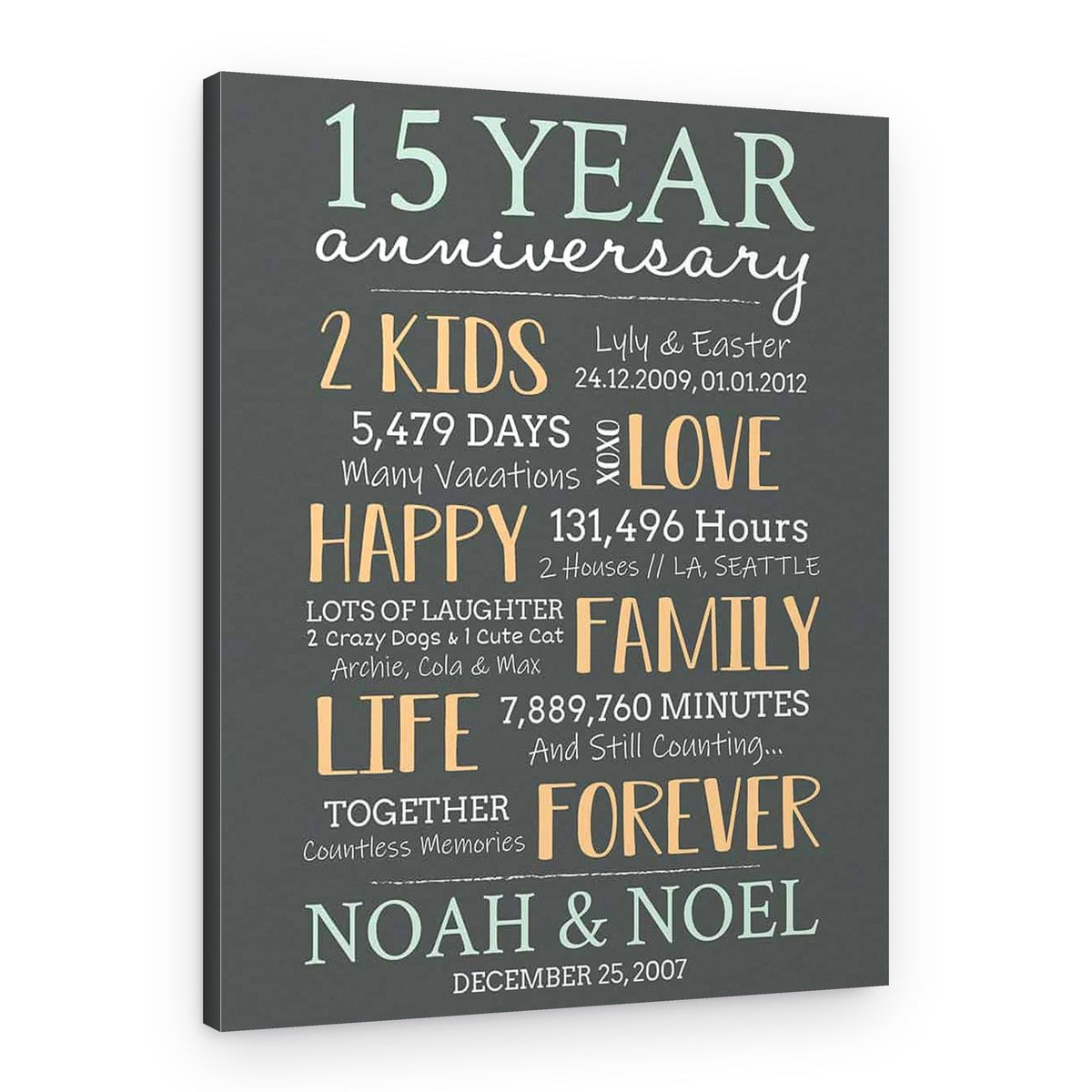15 Year Milestone Anniversary Custom Canvas Print – Canvas Print – With Children and Pets
