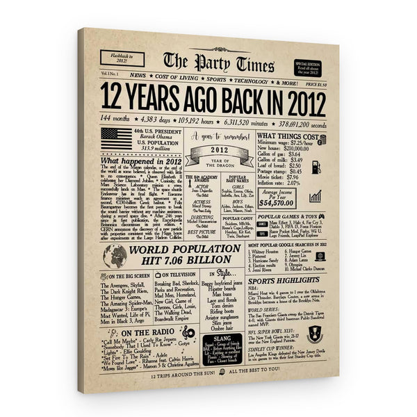 Back In 2012 12th Birthday Newspaper Canvas Print
