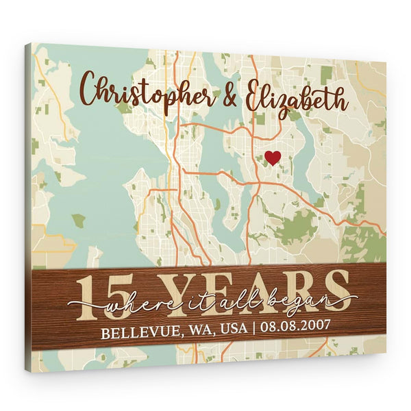 Where It All Began Custom Street Map 15th Anniversary Canvas Print
