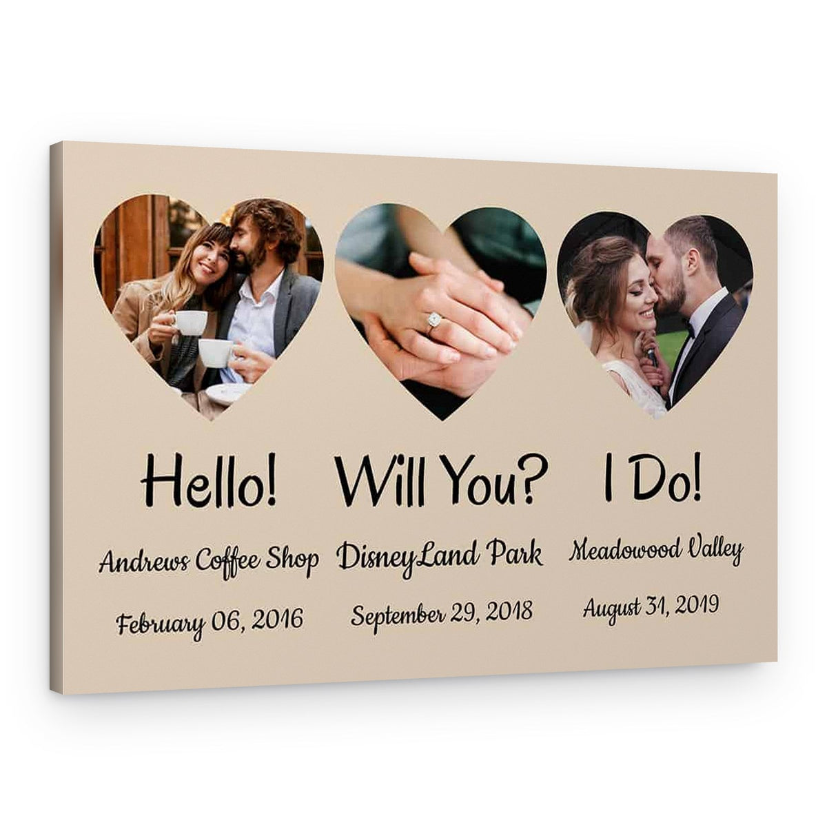 Hello – Will You – I Do Photo Upload Canvas Print – Canvas Print – 3 Hearts
