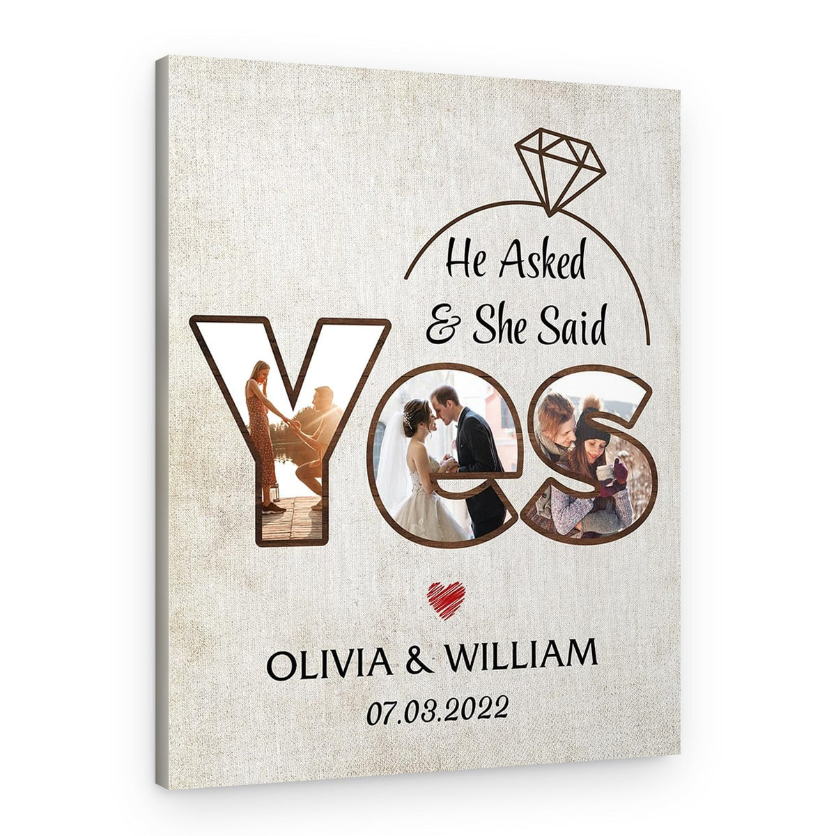 He Asked and She said YES Photo Collage Word Art Canvas Print – Canvas Print – Portrait