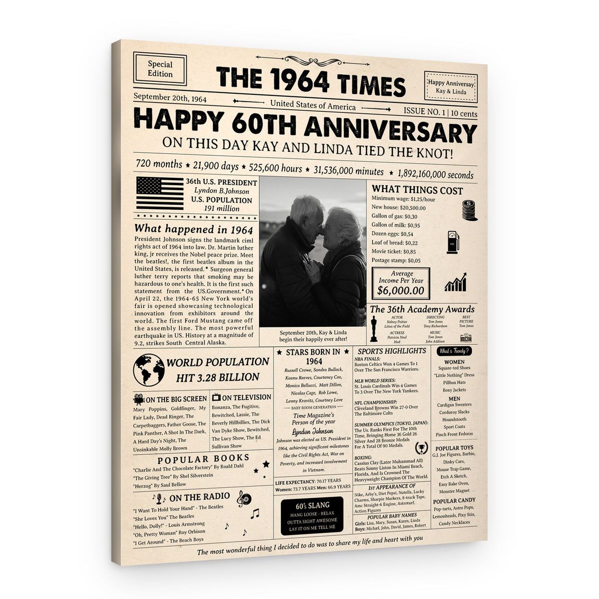 Happy 60th Wedding Anniversary Custom Photo Newspaper Canvas Print – Canvas Print