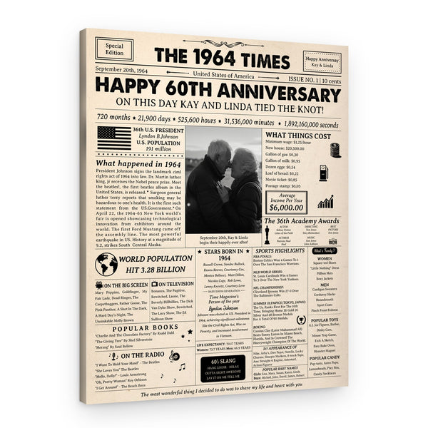 Happy 60th Wedding Anniversary Custom Photo Newspaper Canvas Print