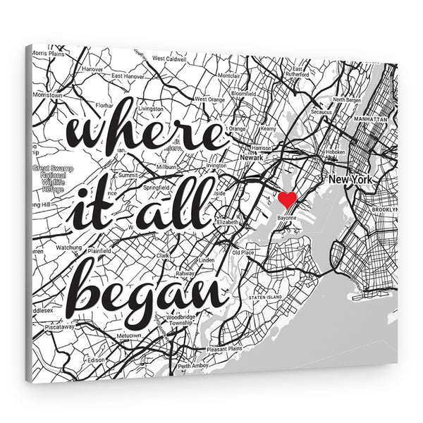 Where It All Began Landscape Custom Map Canvas Print