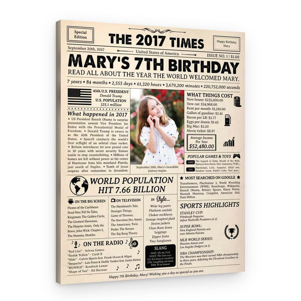 7th Birthday Gift for Kid: 2017 Birthday Newspaper Canvas