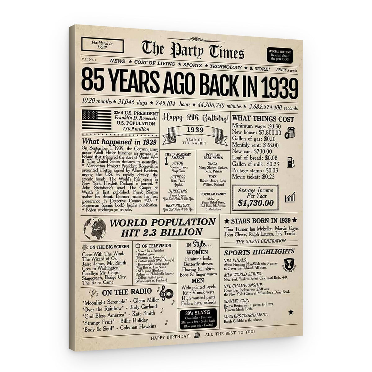 Back In 1939 85th Birthday Newspaper  Canvas Print – Canvas Print