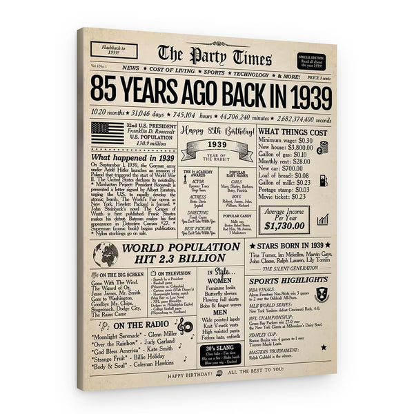 Back In 1939 85th Birthday Newspaper  Canvas Print