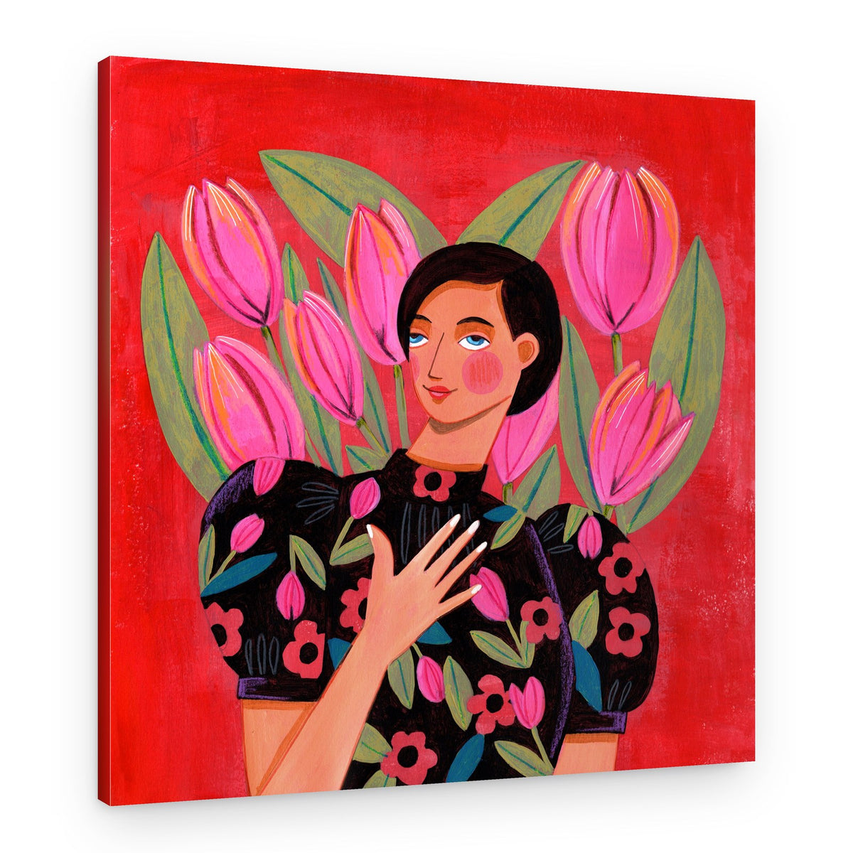 Abstract Modern Portrait Woman with Tulips – Canvas Print