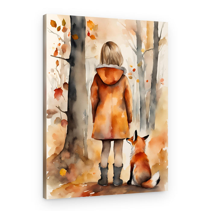 Child and Fox in Autumn Forest – Canvas Print