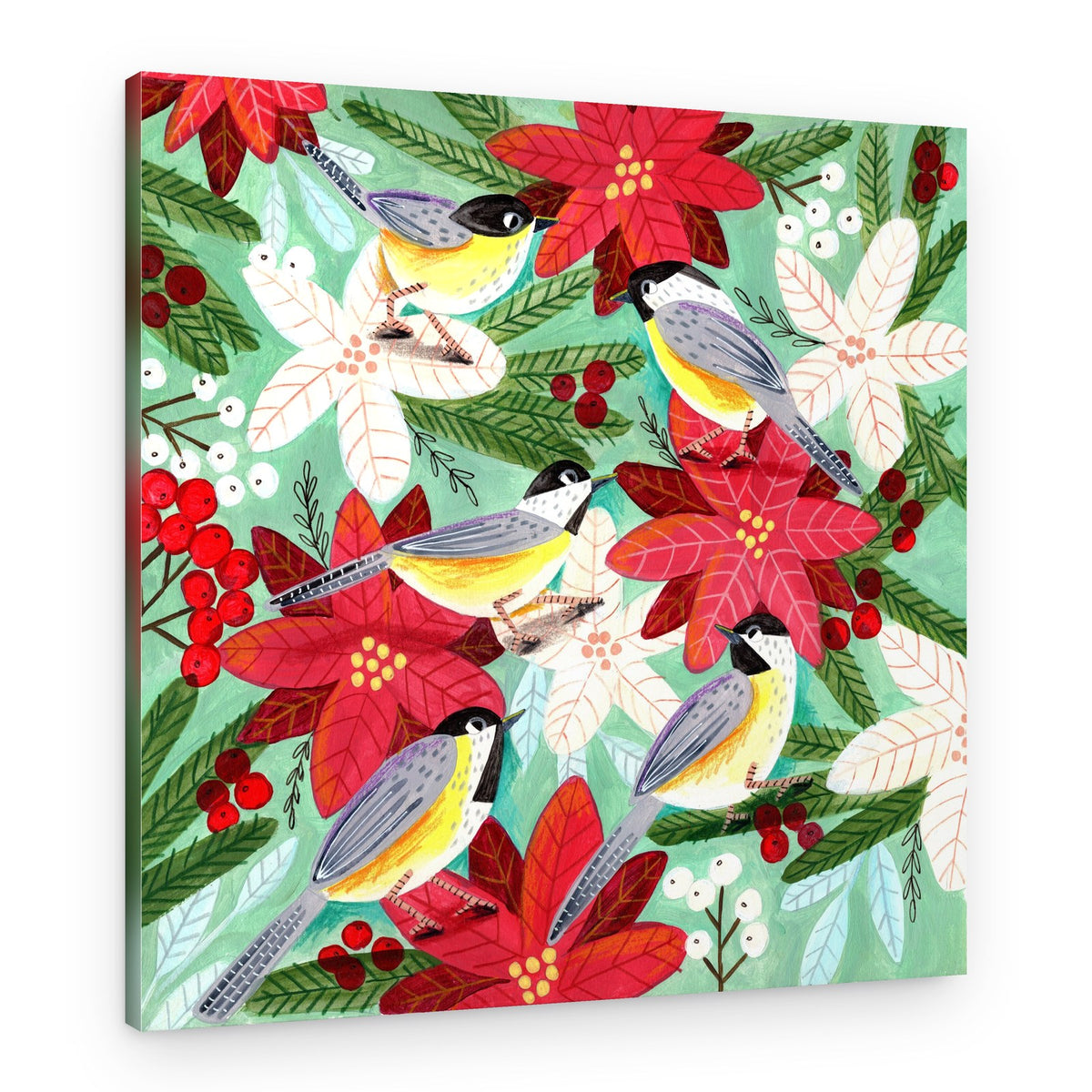 Winter birds tits and Christmas flowers – Canvas Print