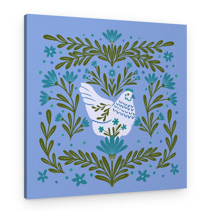 Blue Floral Hen – Canvas Print