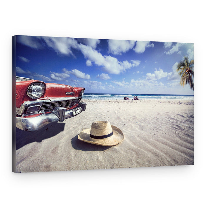 Red Car Beach Day – Canvas Print