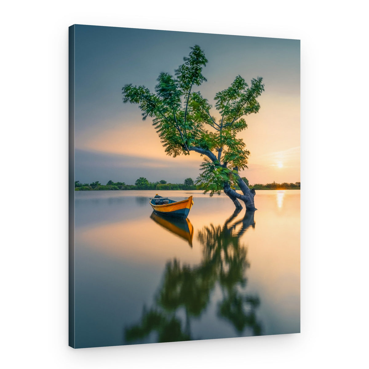 Lone Boat Tree Reflection – Canvas Print