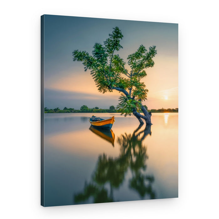 Lone Boat Tree Reflection – Canvas Print