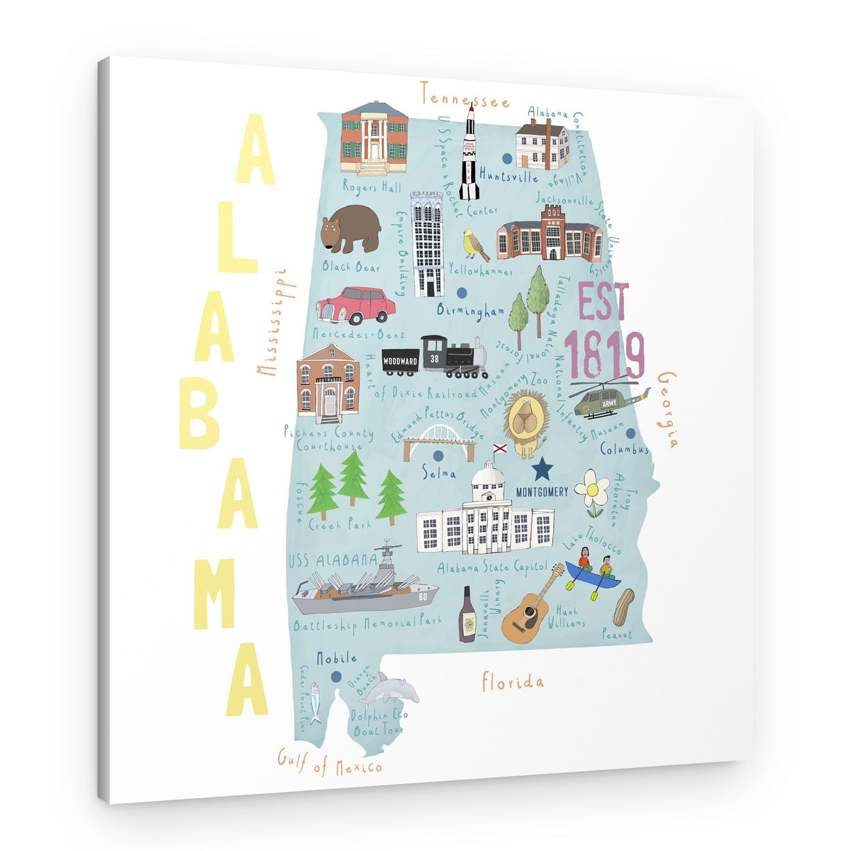 Beautiful Southern State of Alabama by Illustrator Carla Daly – Canvas Print