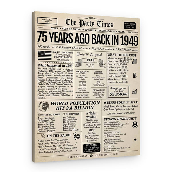 Back In 1949 75th Birthday Newspaper  Canvas Print