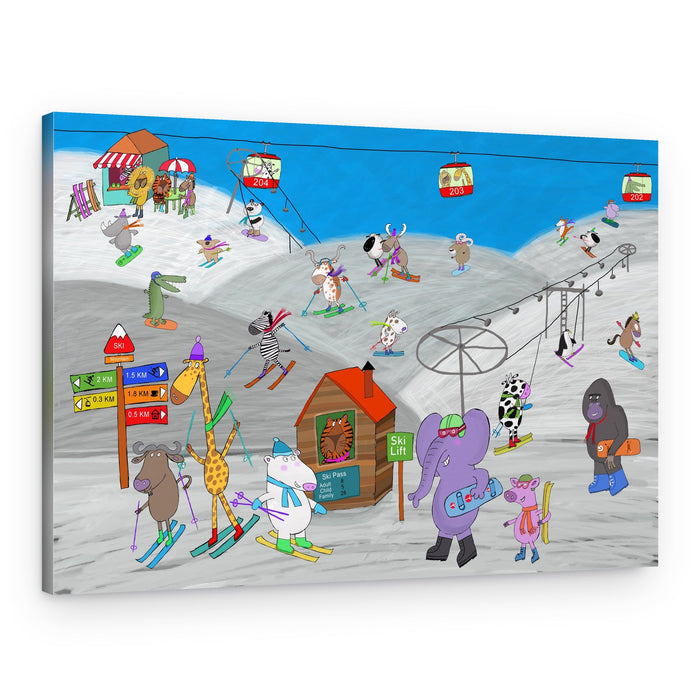 Happy Animals Skiing – Canvas Print