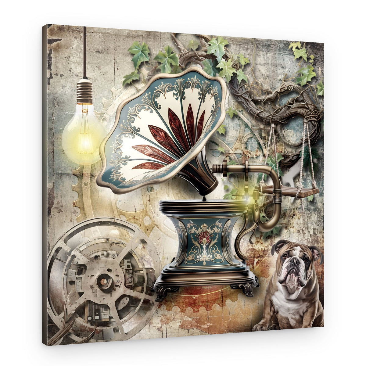Steampunk Gramophone Bulldog – Canvas Print